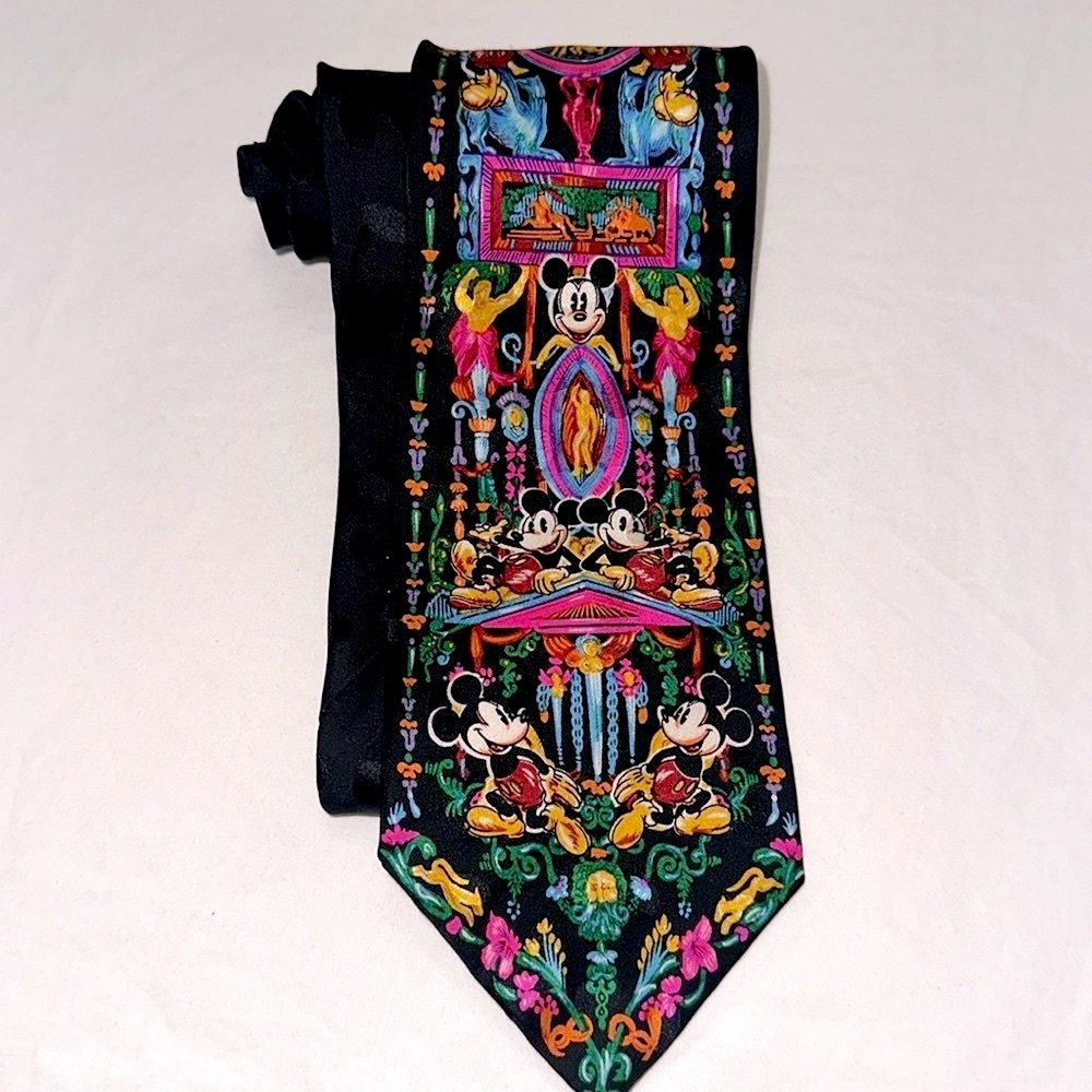 MICKEY MOUSE Silk Vintage Tie The Disney Store Hand Made Black Vibrant Colors